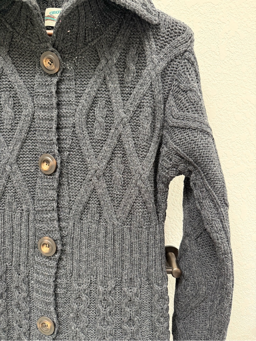 Aran Crafts Ireland 100% Meriono Wool Charcoal Flared cable knit coat - Size: S - Picture 5 of 11